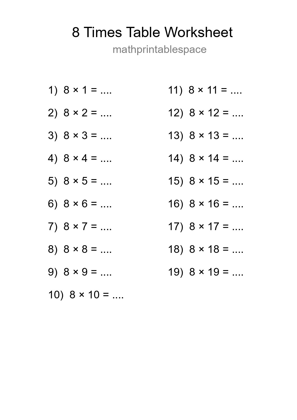 Printable 8 Times Table Worksheet For Grade 3 - Part 108