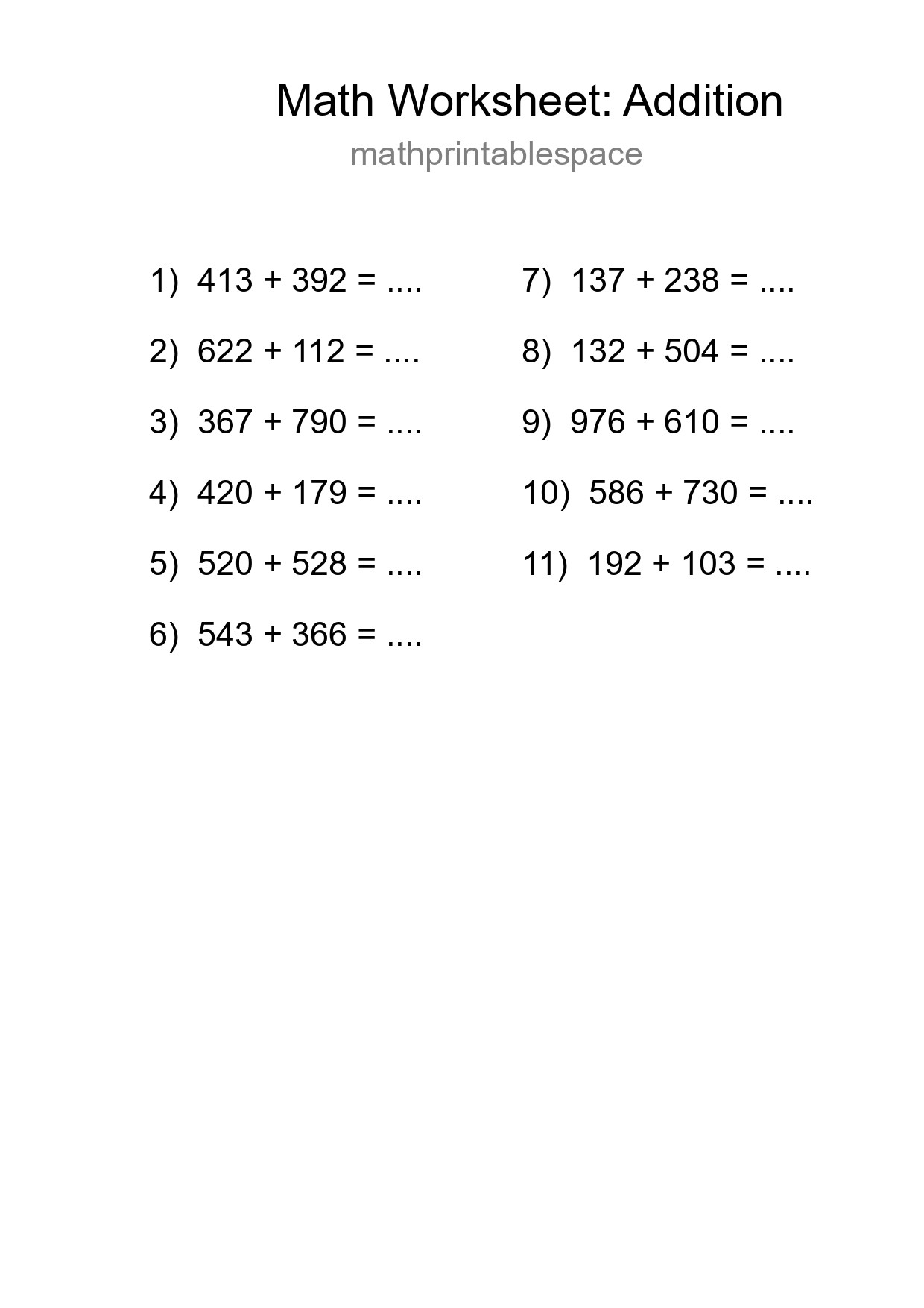 Printable Free 11 Addition Math Worksheet For Grade 5 - Part 155