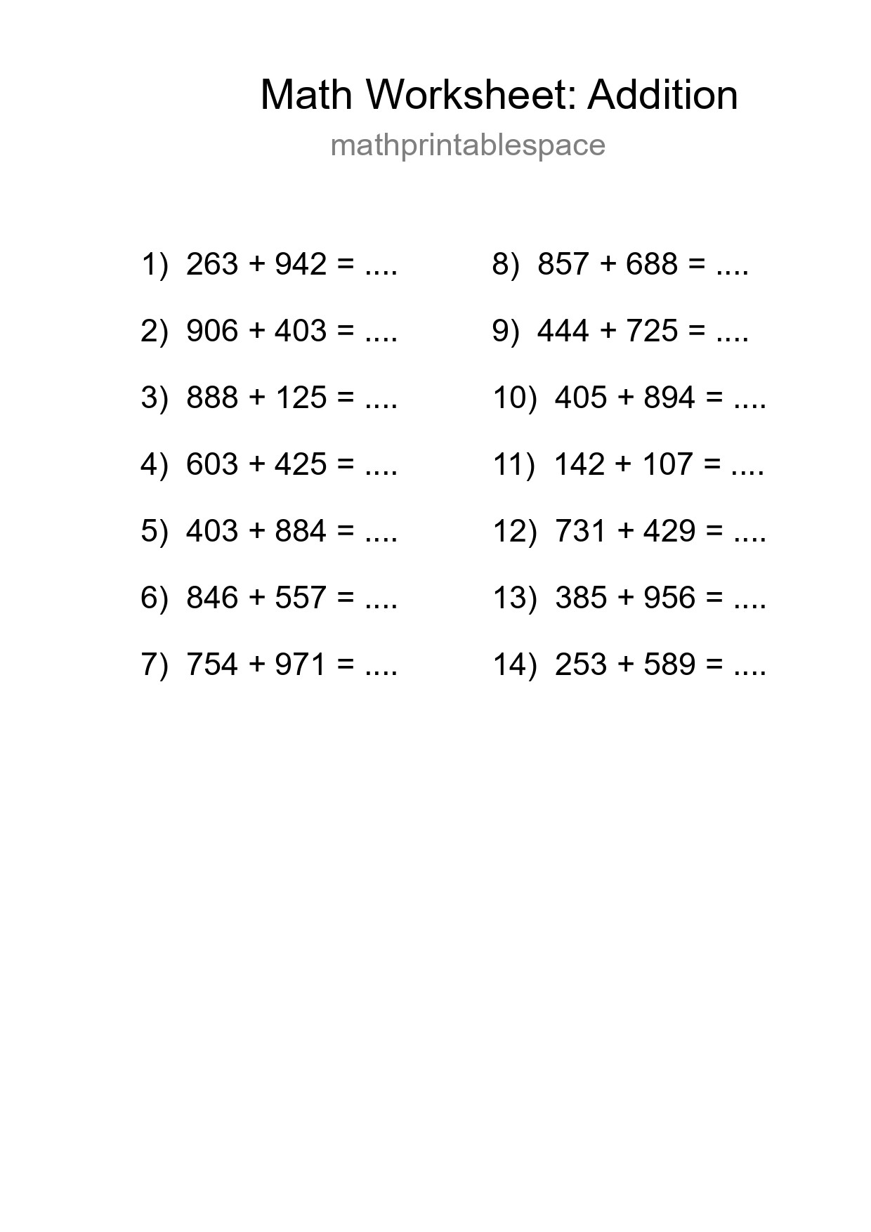 Printable Free 14 Addition Math Worksheet For Grade 5 - Part 221