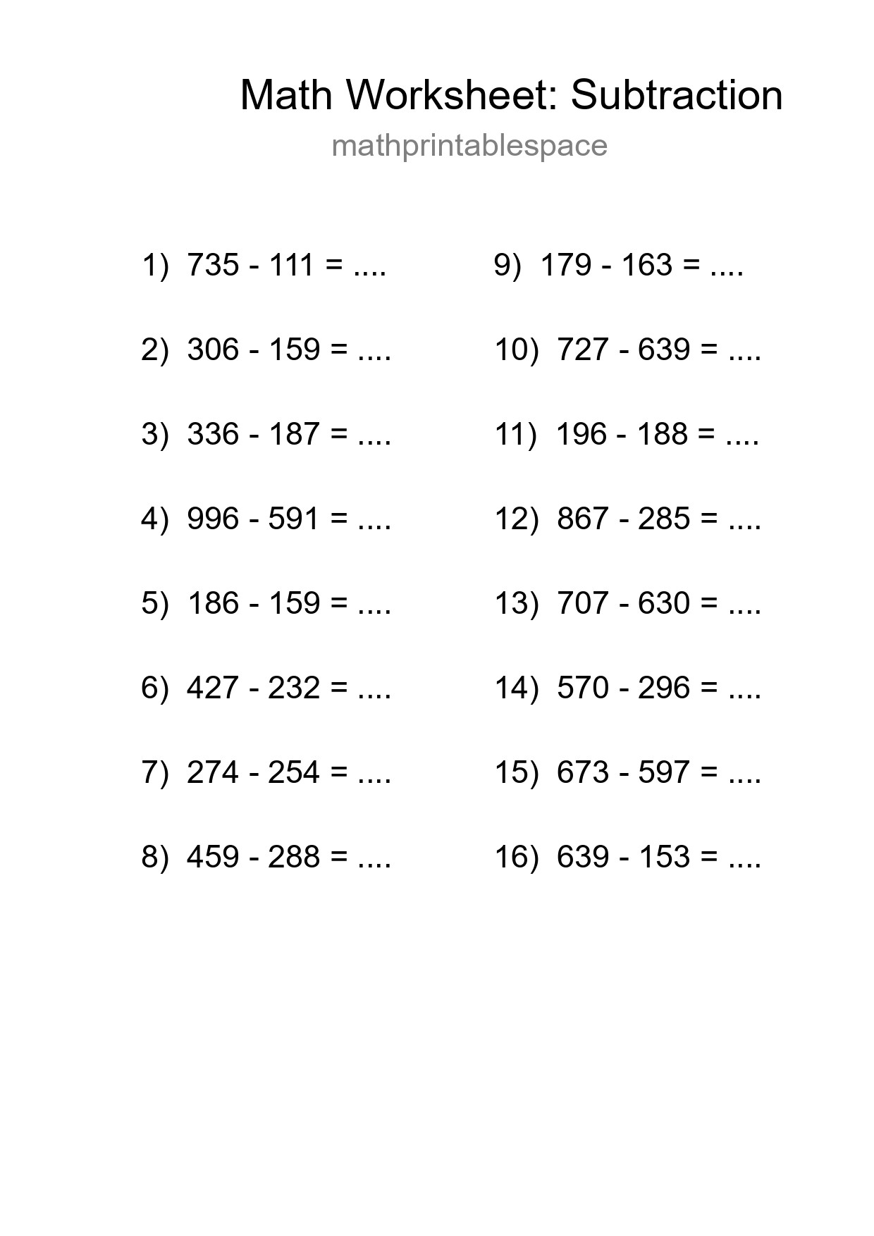 Printable Free 16 Subtraction Math Worksheet For Grade 5 - Part 195