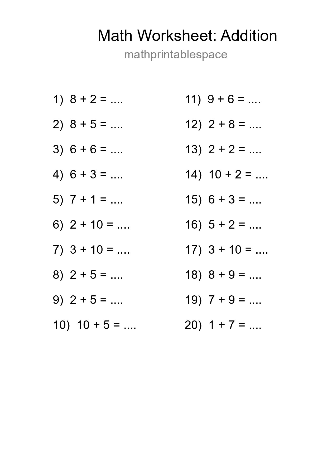 Printable Free 20 Addition Math Worksheet For Grade 1 - Part 254