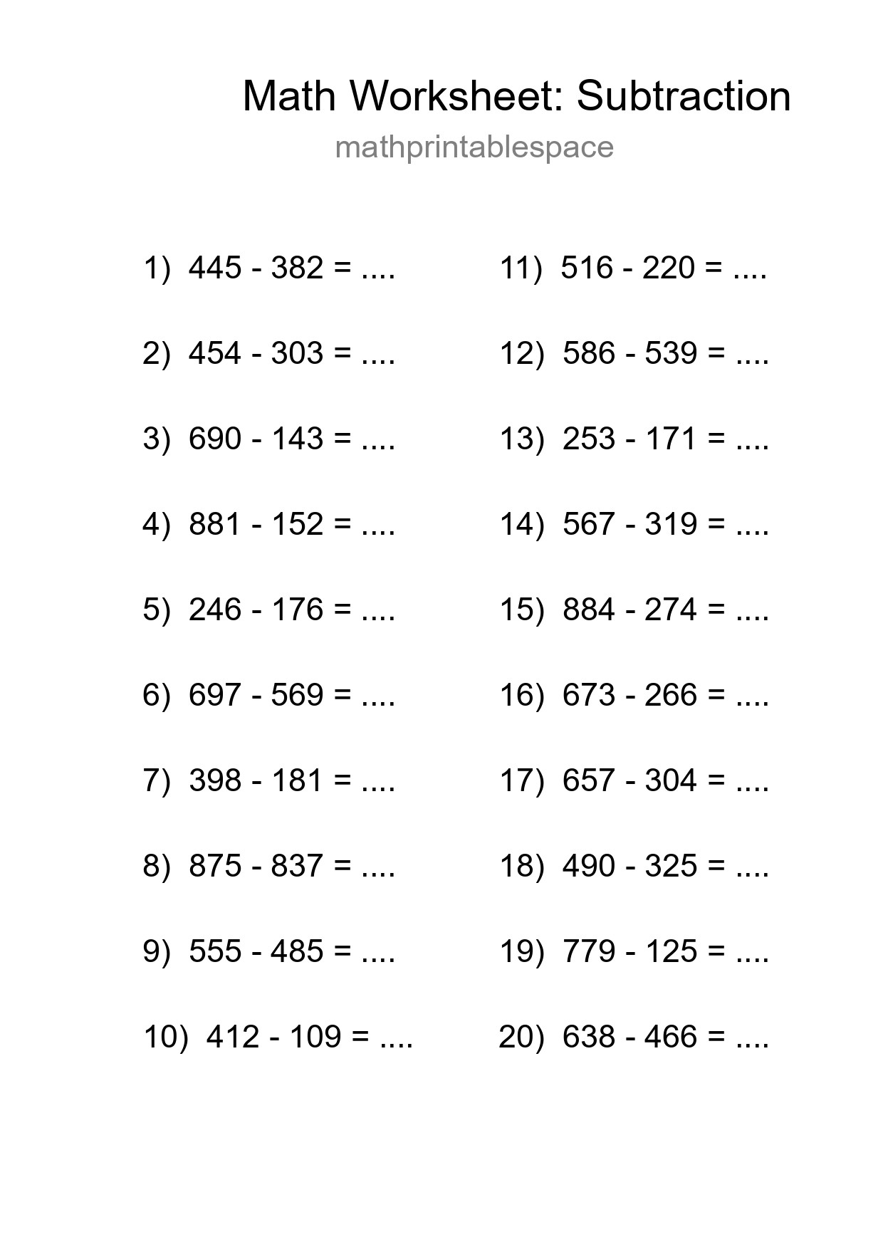 Printable Free 20 Subtraction Math Worksheet For Grade 5 - Part 283