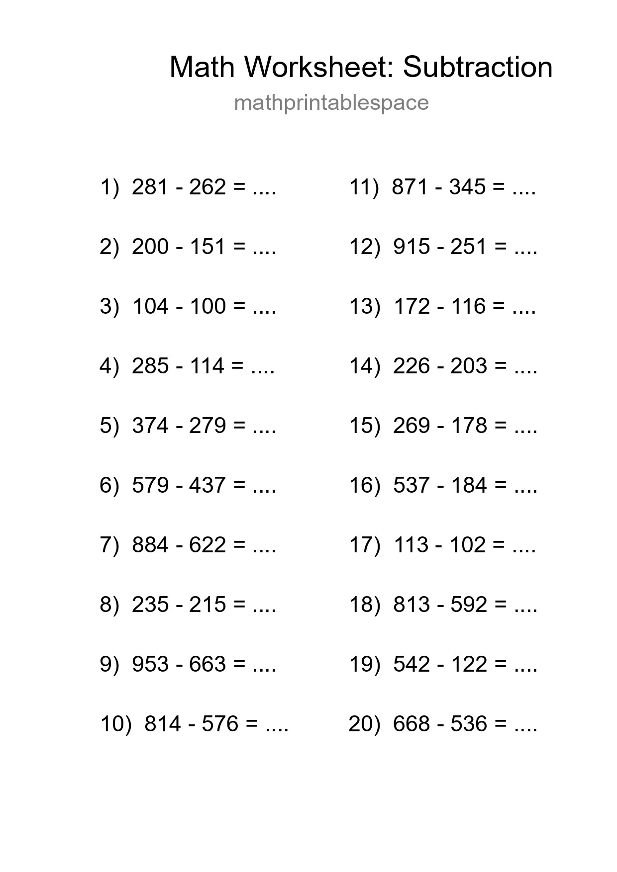 Printable Free 20 Subtraction Math Worksheet For Grade 5 - Part 8