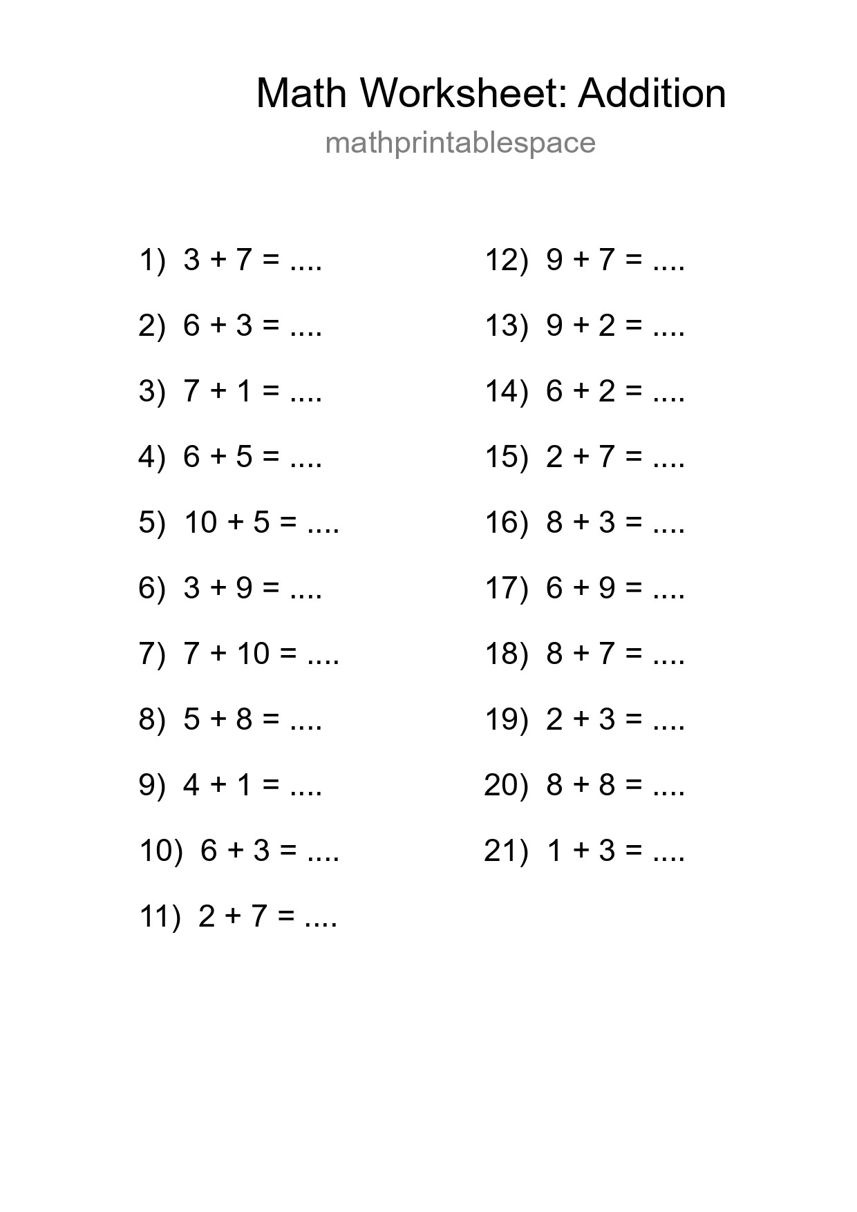Printable Free 21 Addition Math Worksheet For Grade 1 - Part 111