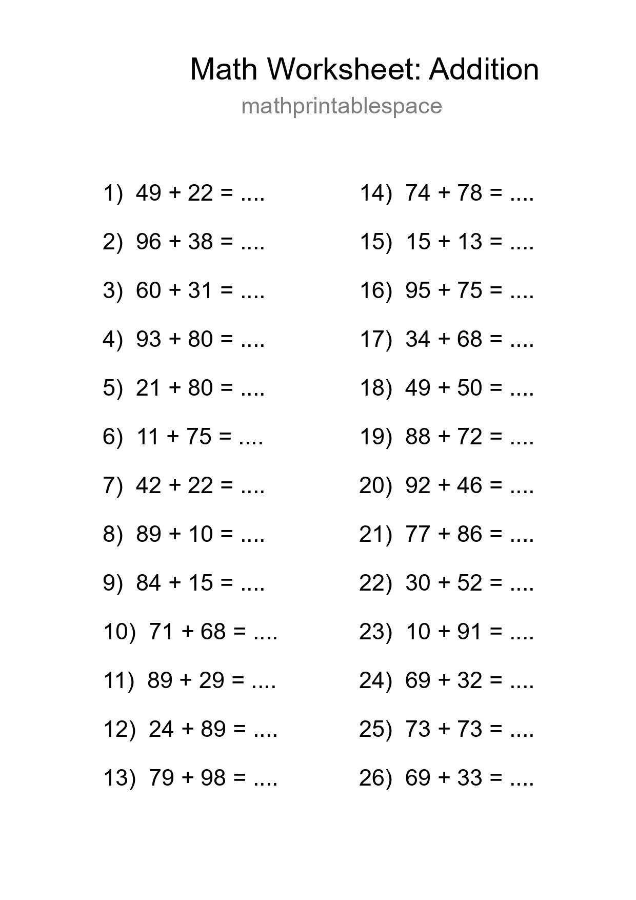 Printable Free 26 Addition Math Worksheet For Grade 3 - Part 265