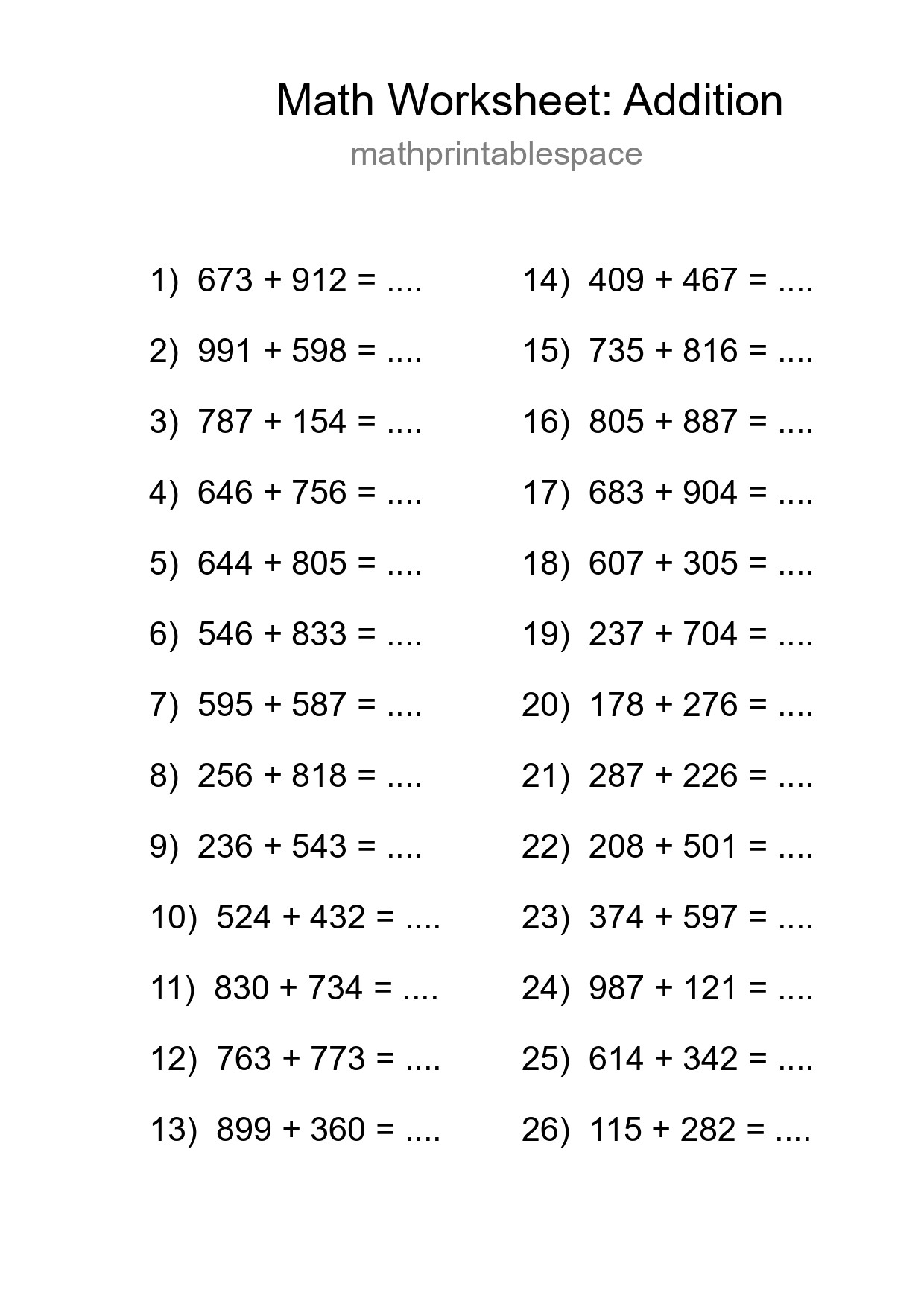 Printable Free 26 Addition Math Worksheet For Grade 5 - Part 133