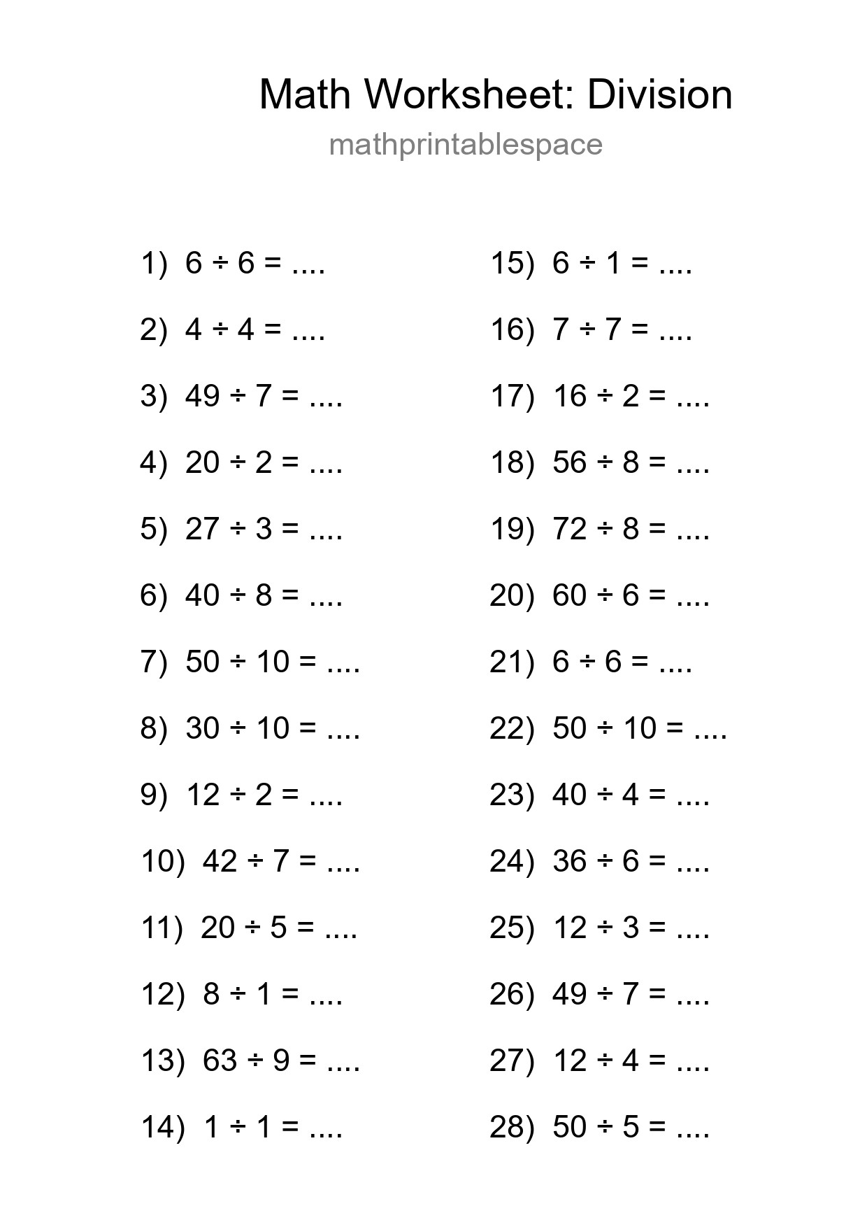 Printable Free 28 Division Math Worksheet For Grade 1 - Part 224