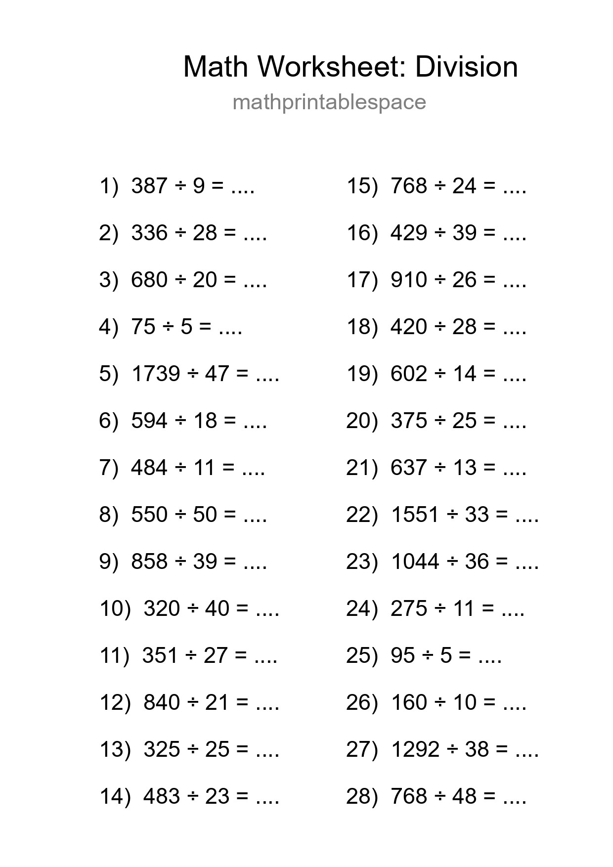 Printable Free 28 Division Math Worksheet For Grade 2 - Part 279