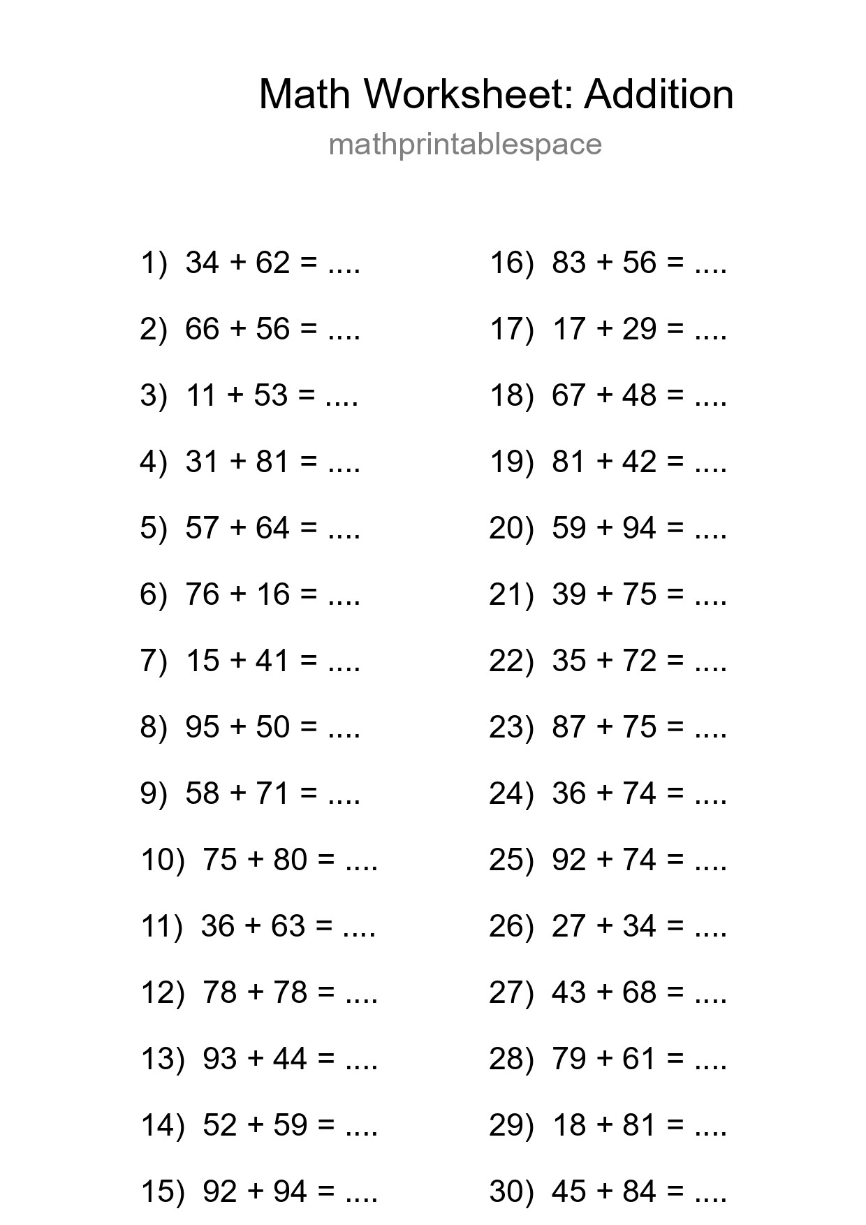 Printable Free 30 Addition Math Worksheet For Grade 3 - Part 188